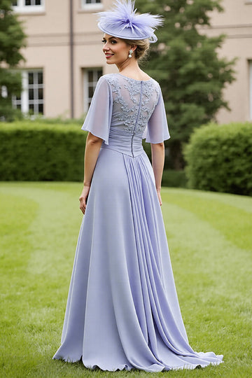 Gris bleu mousseline de soie appliqué haut bas mère de la mariée robe à manches courtes
